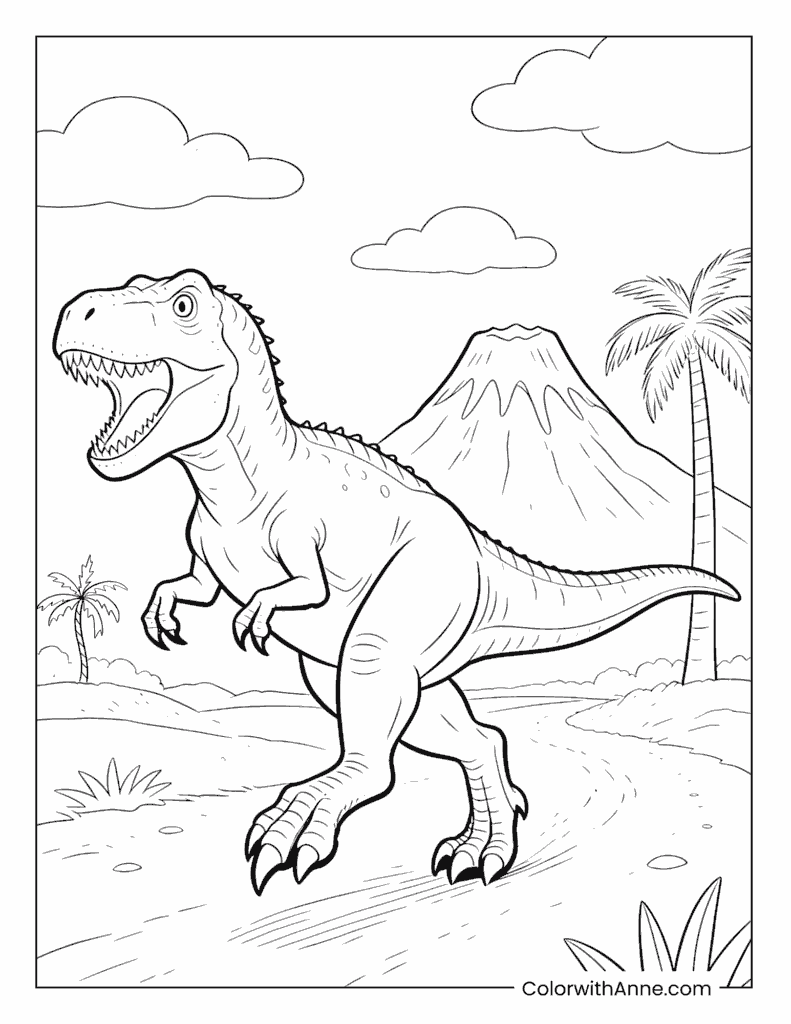 Roaring T-rex Walking Past a Volcano Coloring Page
