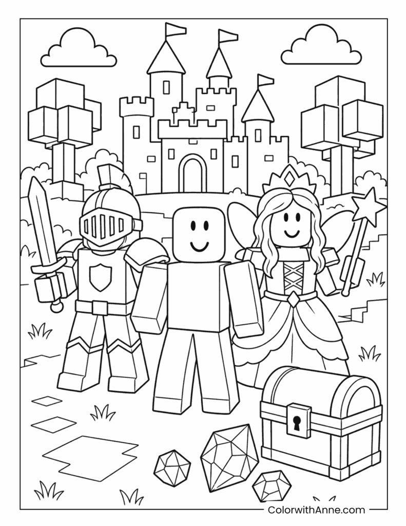 Roblox Friends At Castle With Treasure Coloring Page