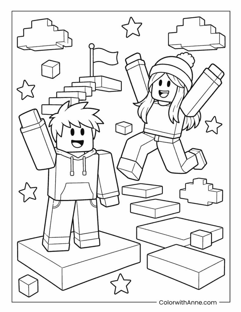 Roblox Friends Jumping Across Blocks Coloring Page