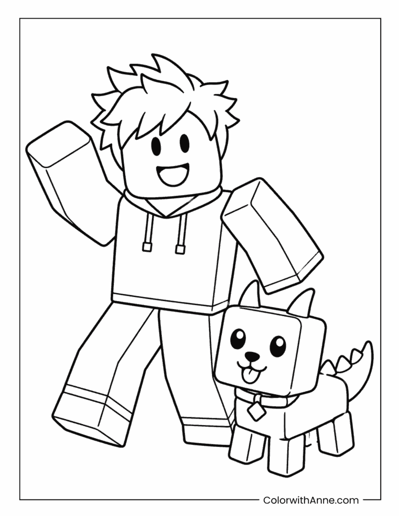 Roblox Hoodie Boy and Blocky Pet Puppy Coloring Page