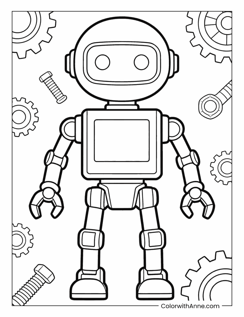 Robot Surrounded by Gears and Bolts Coloring Page
