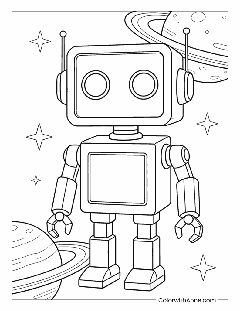 Robot and Ringed Planets Coloring Page
