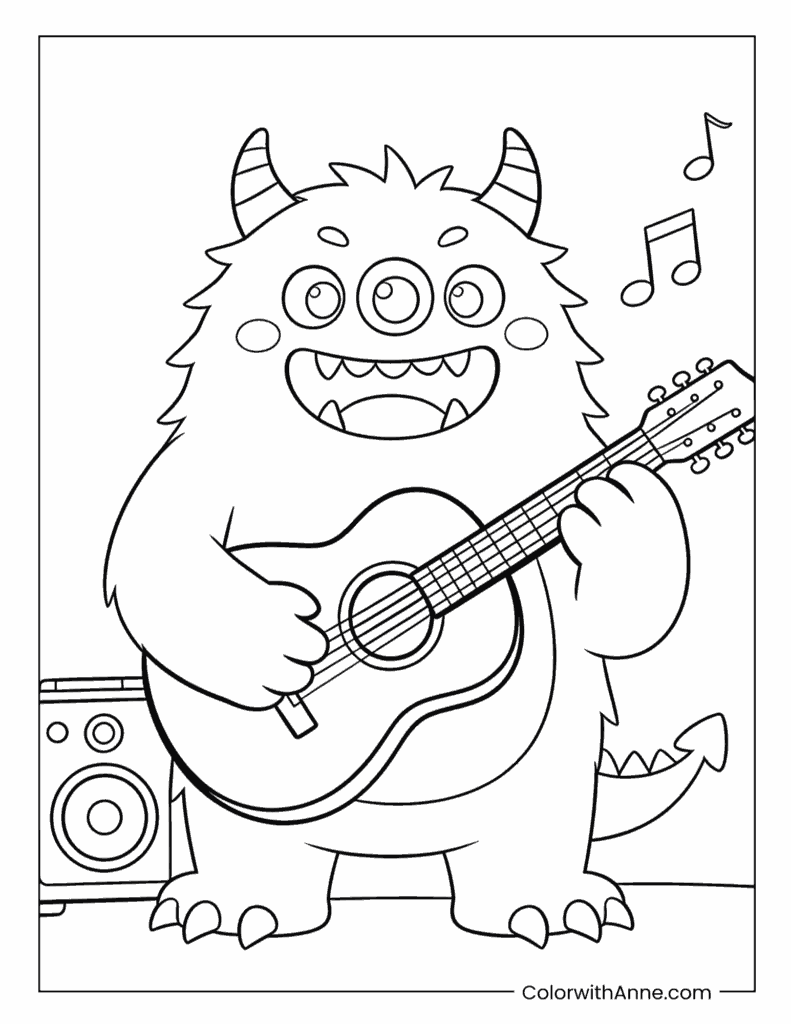 Rock Star Monster Playing Guitar Coloring Page