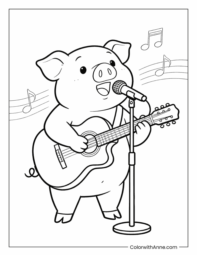 Rock Star Pig Singing with Guitar Coloring Page