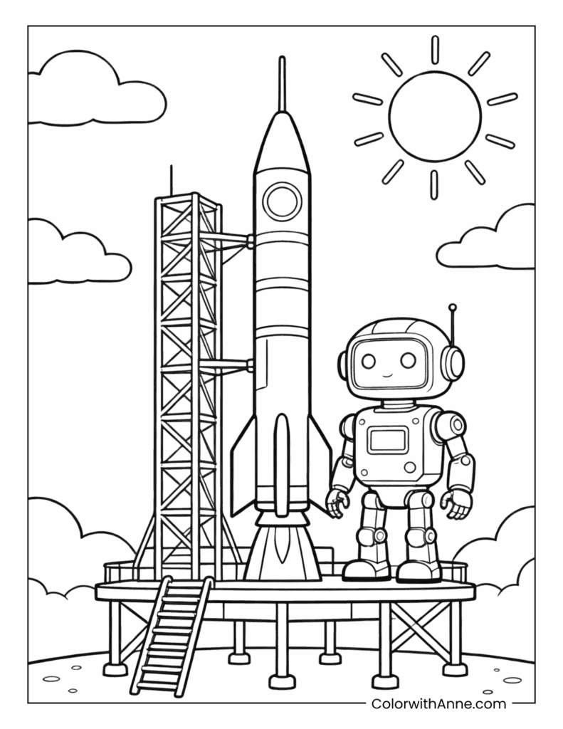 Rocket Launch with a Smiling Robot Friend Coloring Page