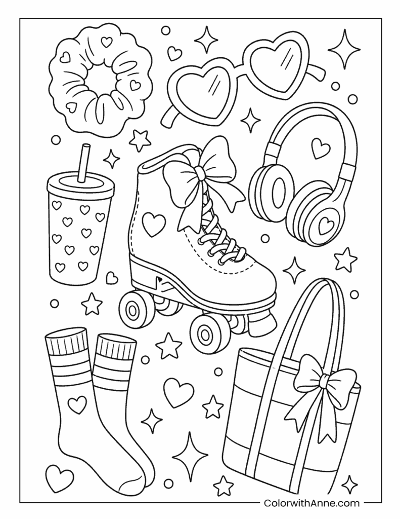 Roller Skating & Retro Preppy Coloring Page