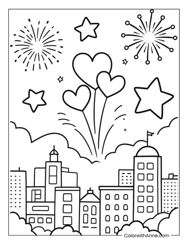 Romantic Fireworks Coloring Page