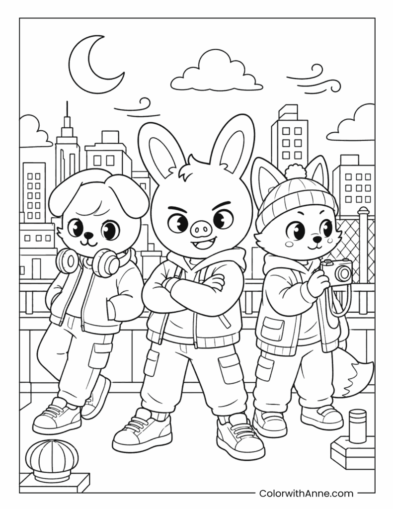 Rooftop Night Trio PuppyM, Dwaekki, FoxI.Ny SKZOO Coloring Page