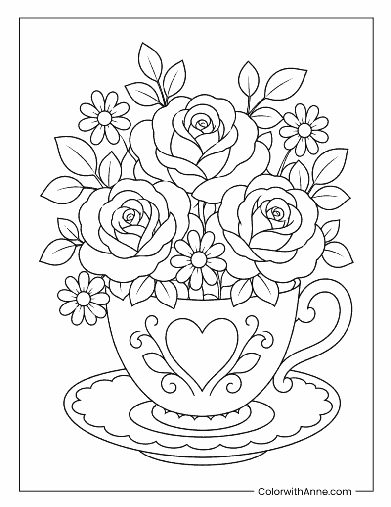 Rose Bouquet in a Teacup Coloring Page