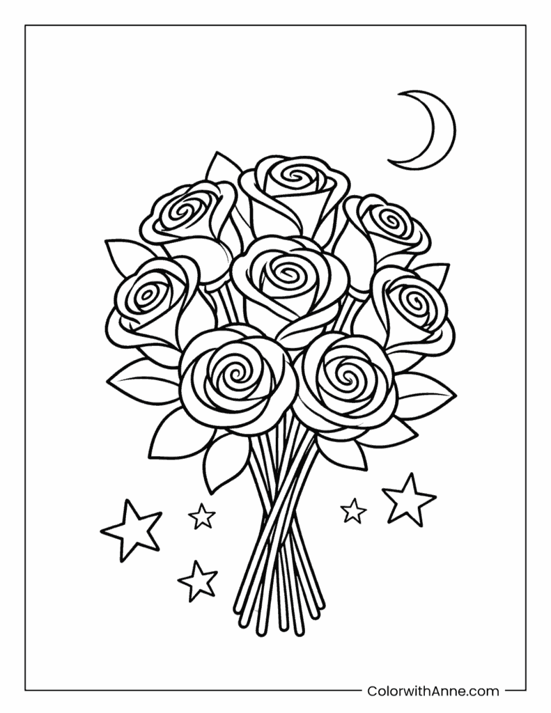 Rose Bouquet with Moon and Stars Coloring Page