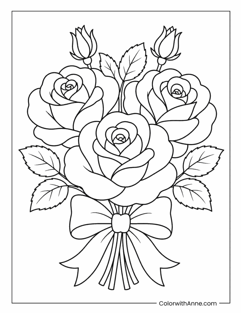Rose Bouquet with Ribbon Coloring Page