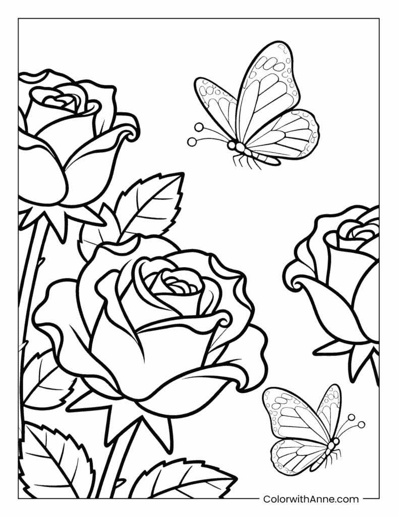 Roses and Butterflies Spring Coloring Page