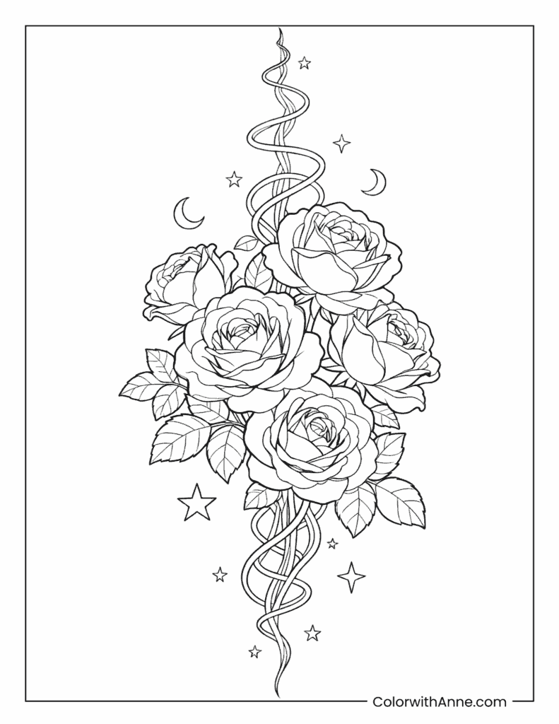 Roses with Vines, Stars, and Moon Coloring Page