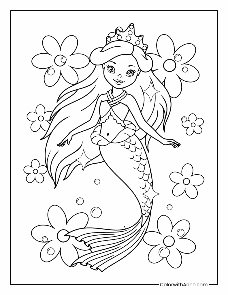 Royal Mermaid with Crown Surrounded by Flowers Coloring Page