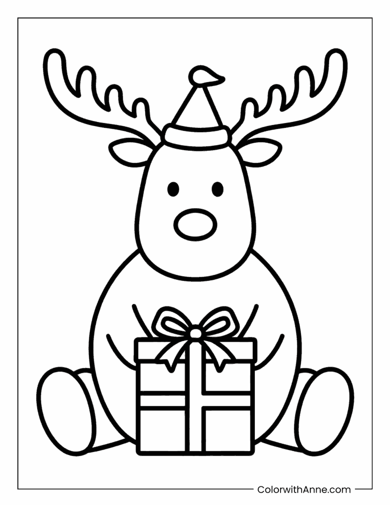 Rudolph Hugging a Gift Box Coloring Page