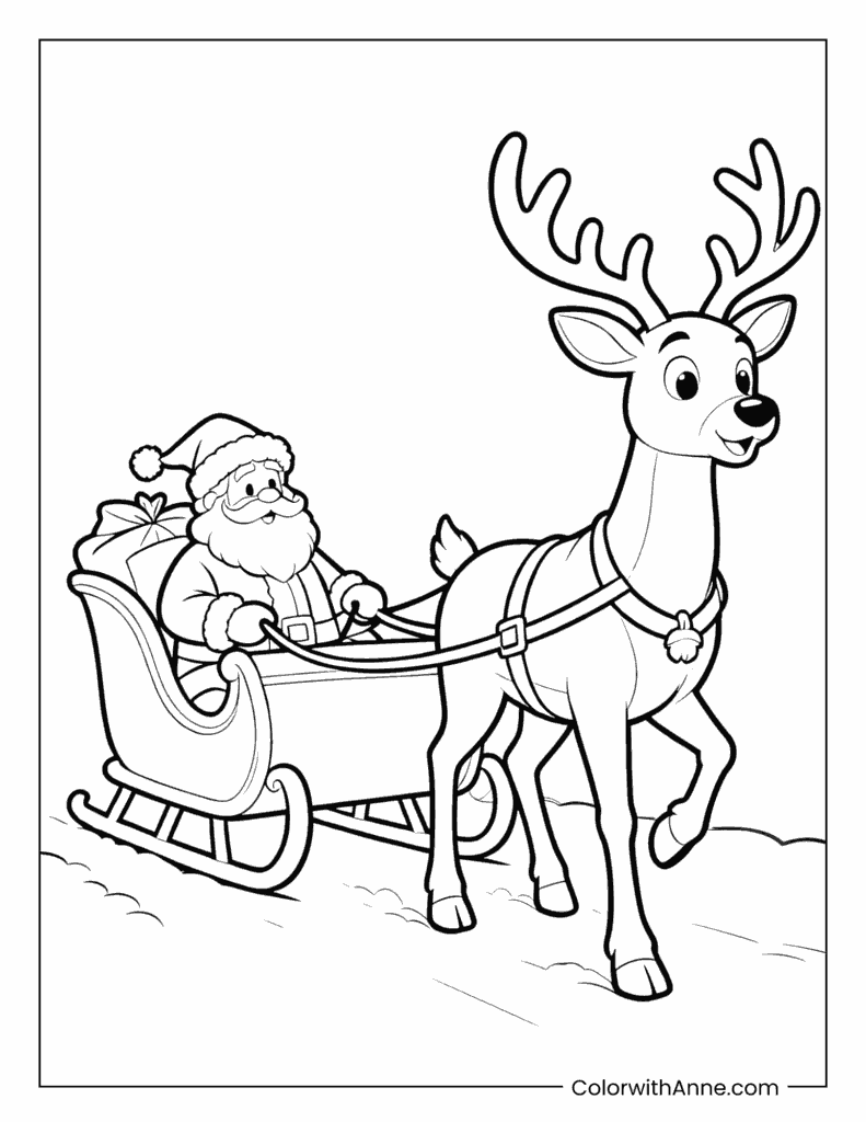 Rudolph Pulling Santa's Sleigh Coloring Page