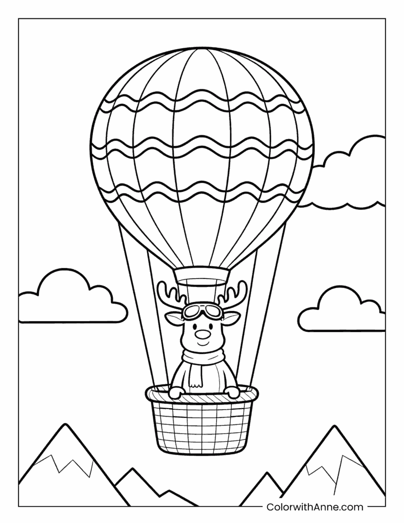 Rudolph Riding in a Hot Air Balloon Coloring Page