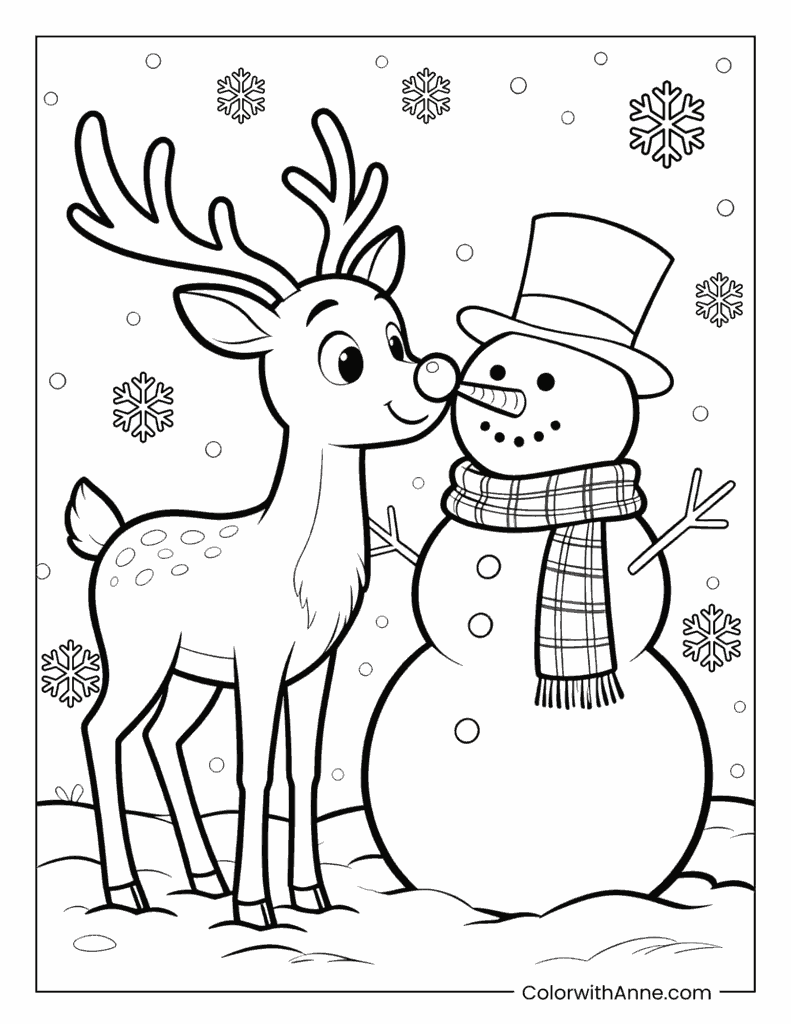 Rudolph and the Jolly Snowman Coloring Page