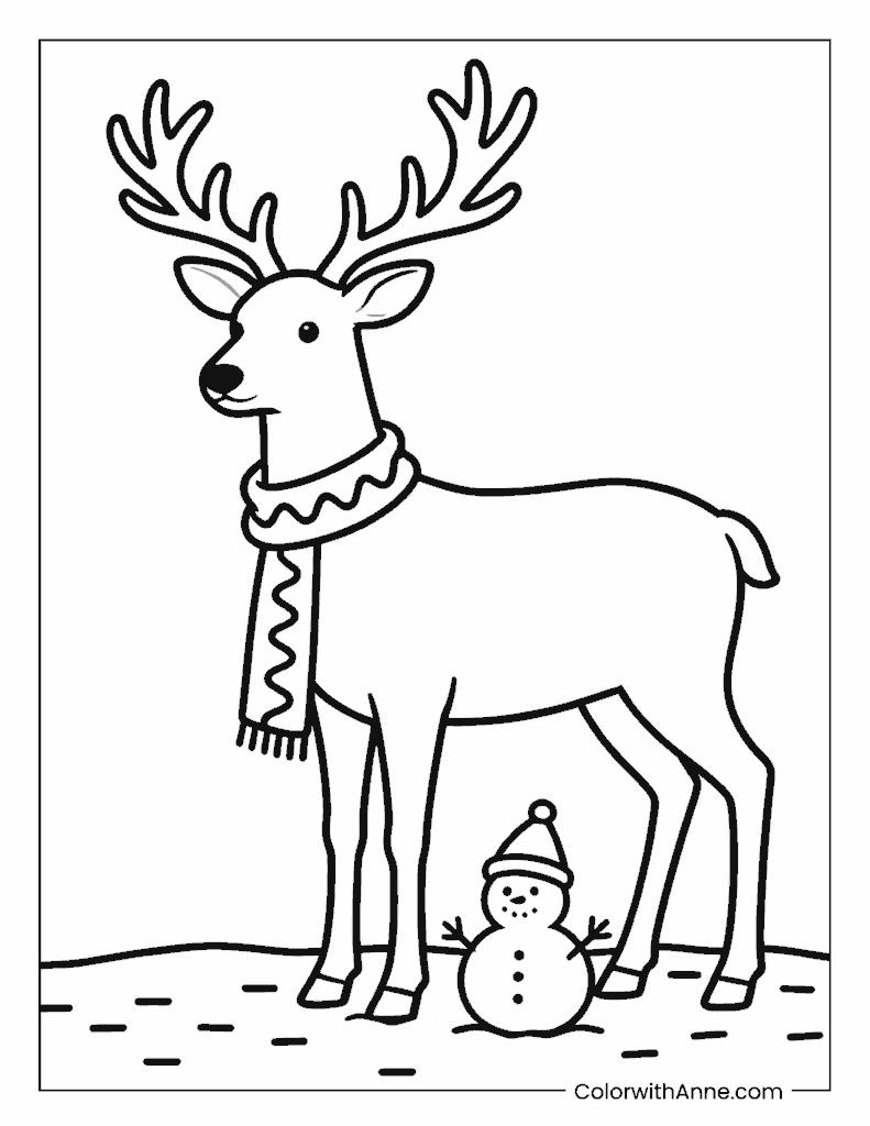 Rudolph in a Scarf with a Little Snowman Coloring Page