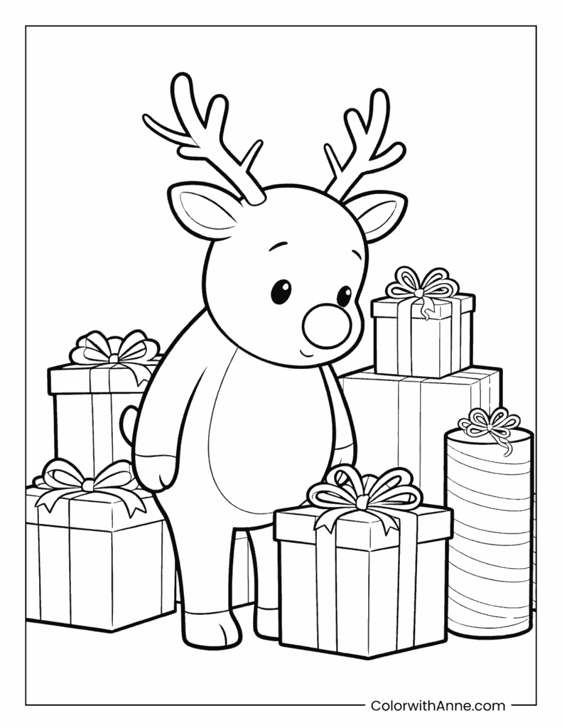 Rudolph with Christmas Gifts Coloring Page