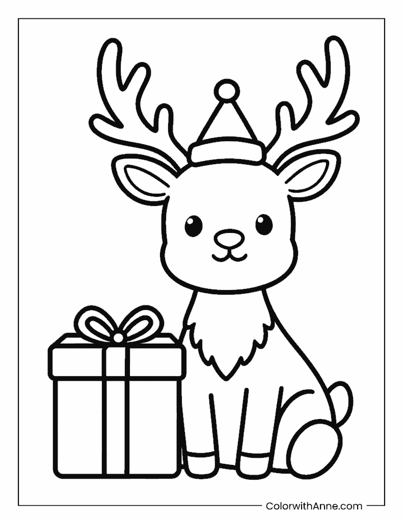 Rudolph with Christmas Hat and Present Coloring Page