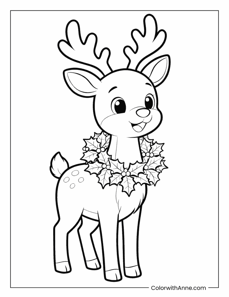 Rudolph with Holly Wreath Coloring Page