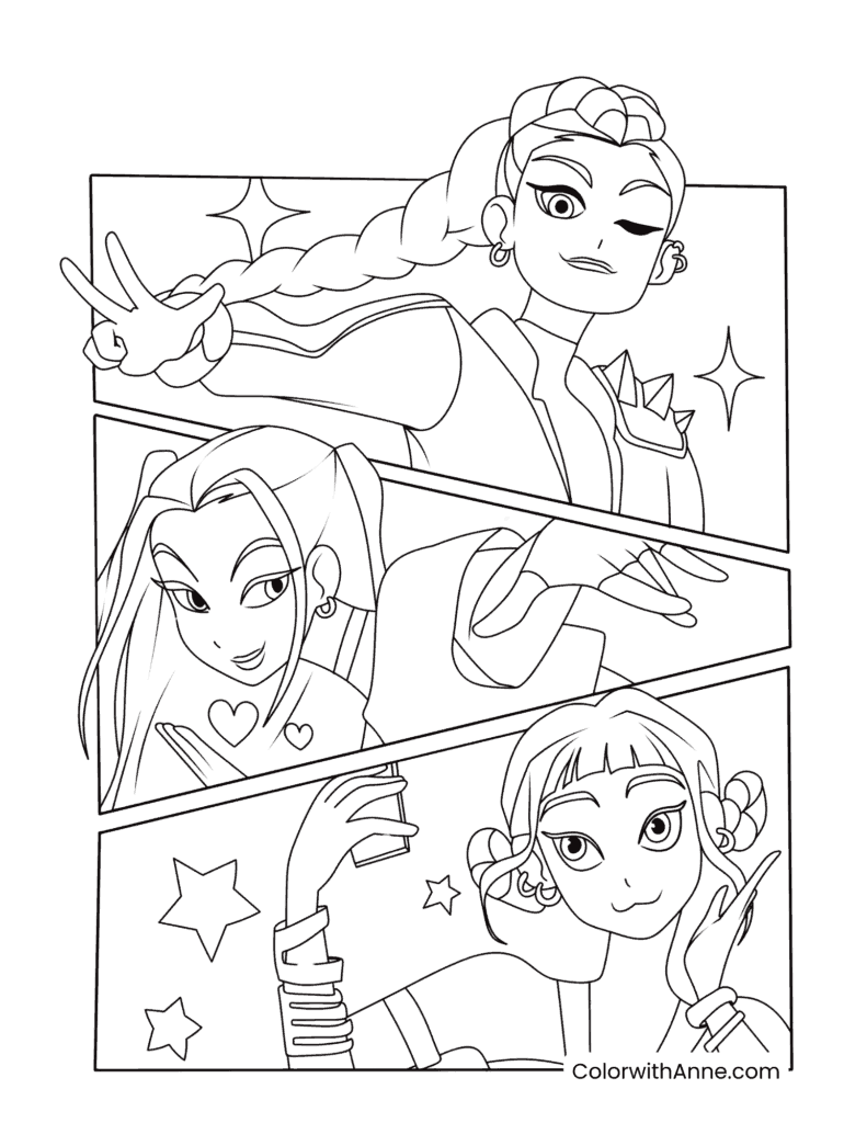Rumi, Mira, and Zoey Comic Panel Coloring Page