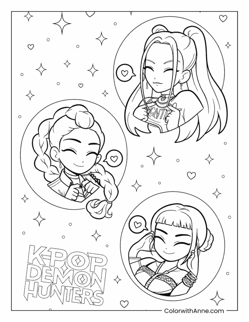 Rumi, Mira, and Zoey Cute Portrait Icons Coloring Page
