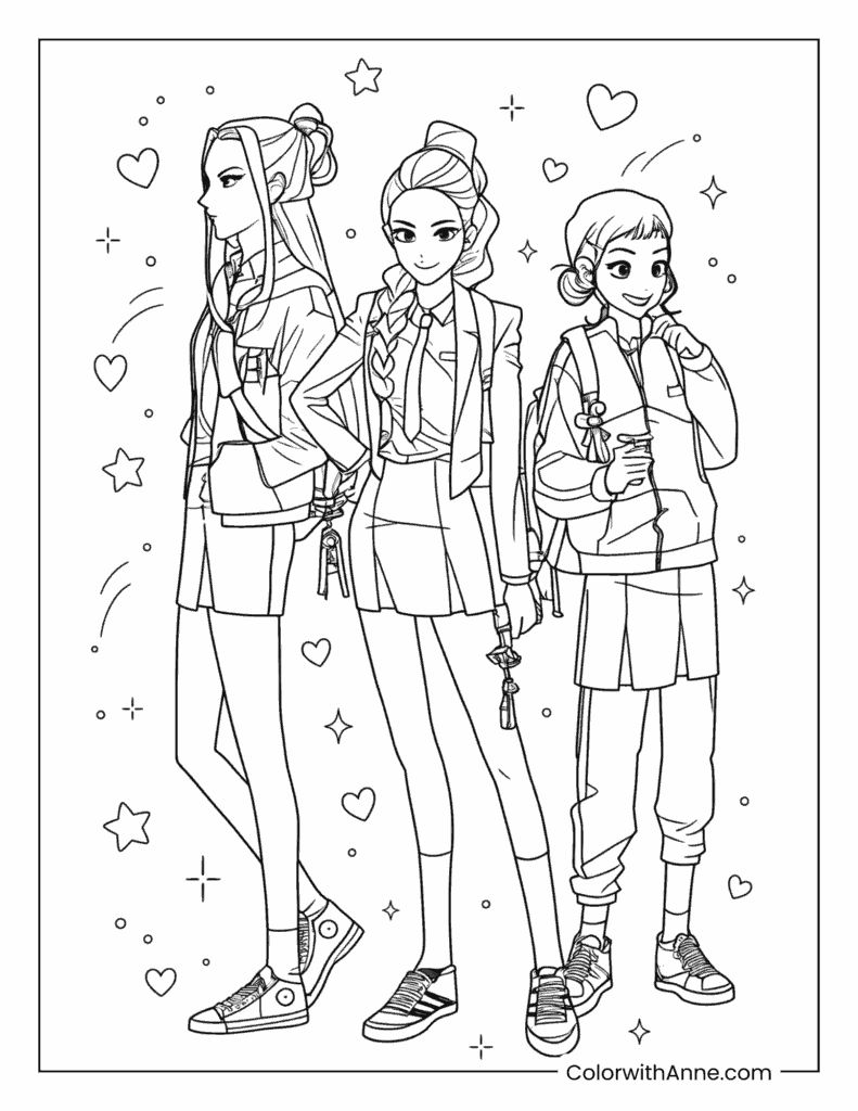 Rumi, Mira, and Zoey HUNTRX Group Coloring Page for Kids