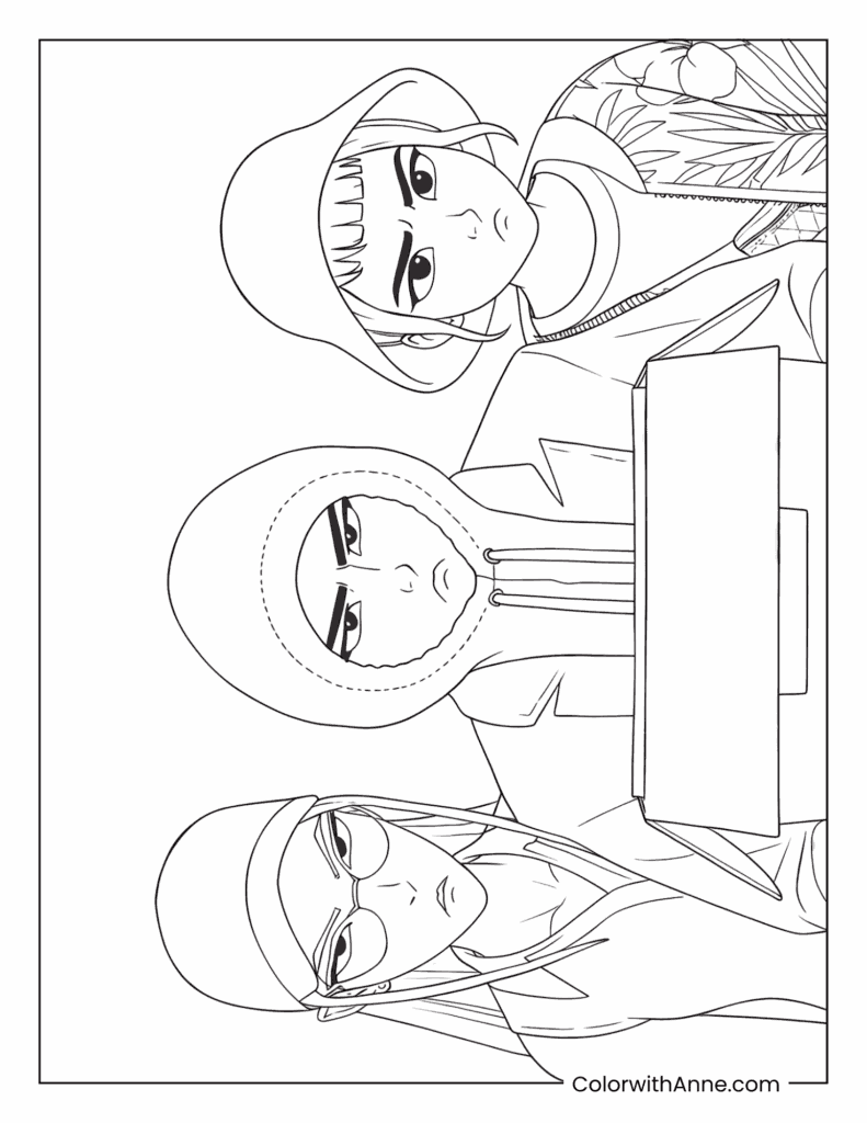 Rumi, Mira, and Zoey KPop Demon Hunters Group Coloring Page for Kids