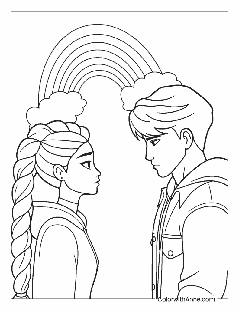 Rumi and Jinu Rainbow Connection K-Pop Demon Hunters Coloring Page