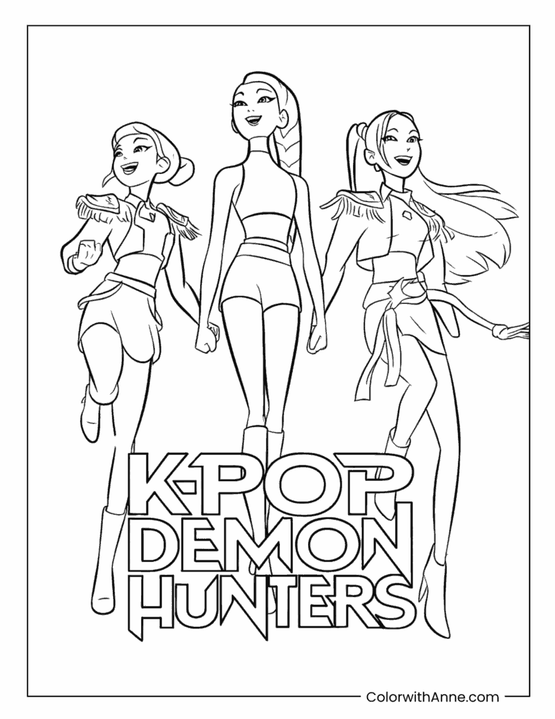 Rumi and the K-Pop Demon Hunters Team Coloring Page