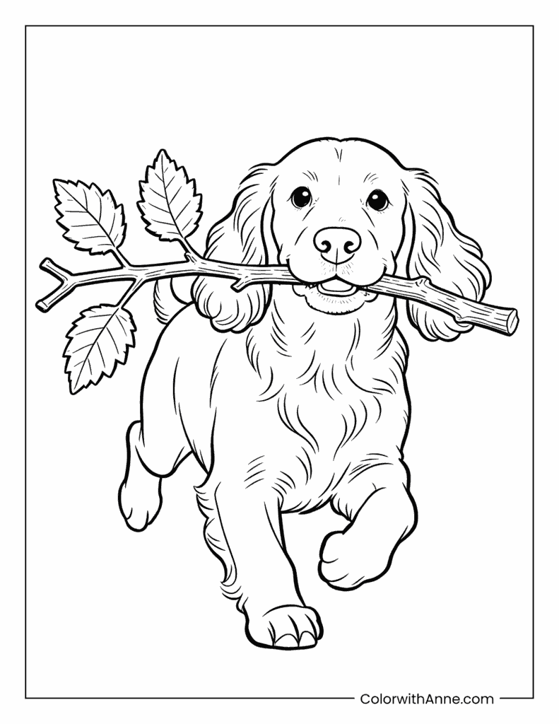 Running Cocker Spaniel with a Branch Dog Coloring Page