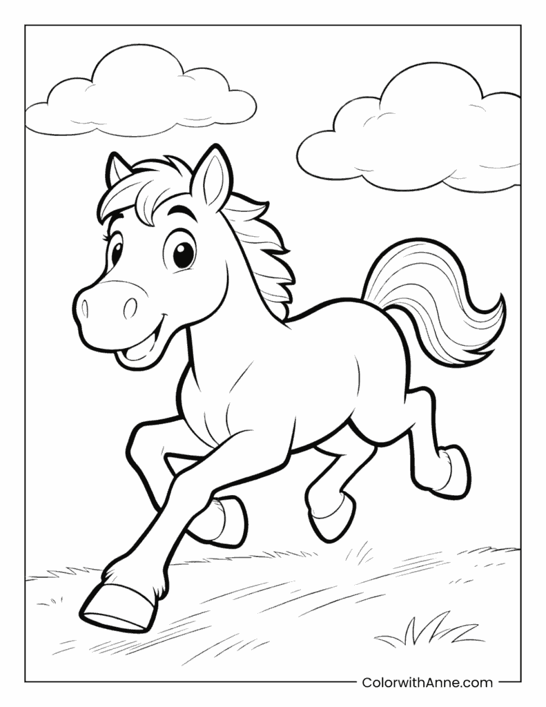 Running Horse in Grassland Coloring Page