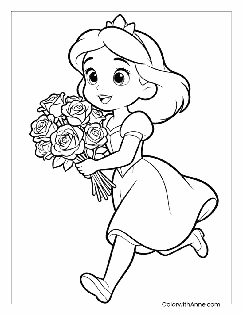 Running Princess with Roses Coloring Page