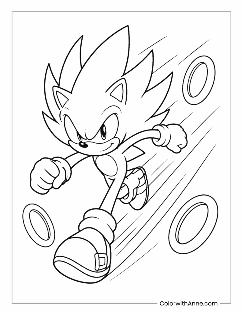 Running Super Sonic Speeding Through Golden Rings Coloring Page