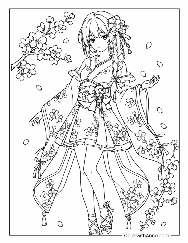 Sakura Kimono Anime Girl Coloring Page