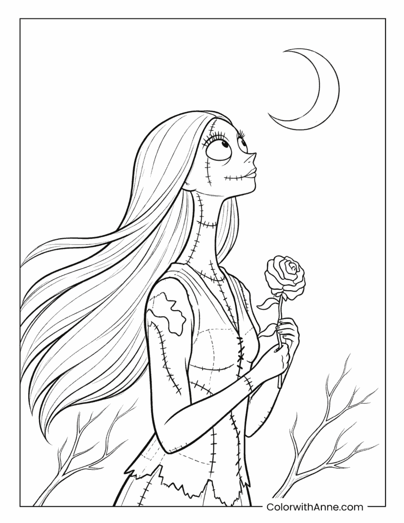 Sally Holding a Rose Under the Moon Coloring Page