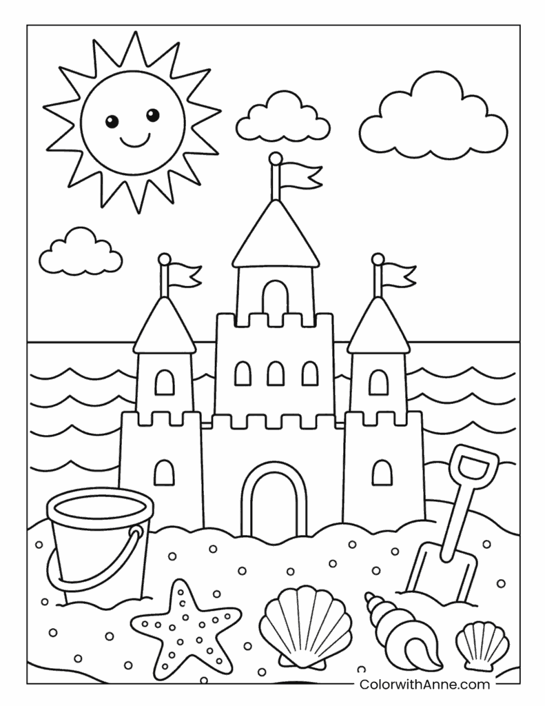 Sandcastle with Bucket and Shovel Coloring Page