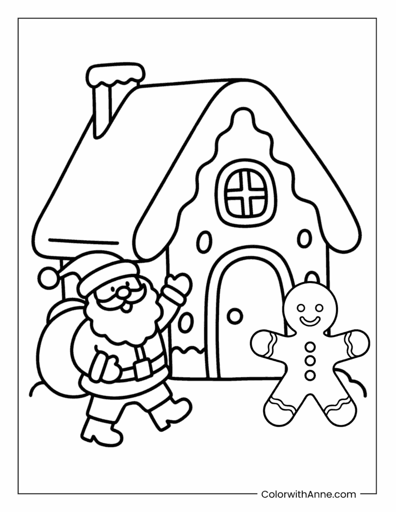 Santa Arriving at a Gingerbread House Coloring Page
