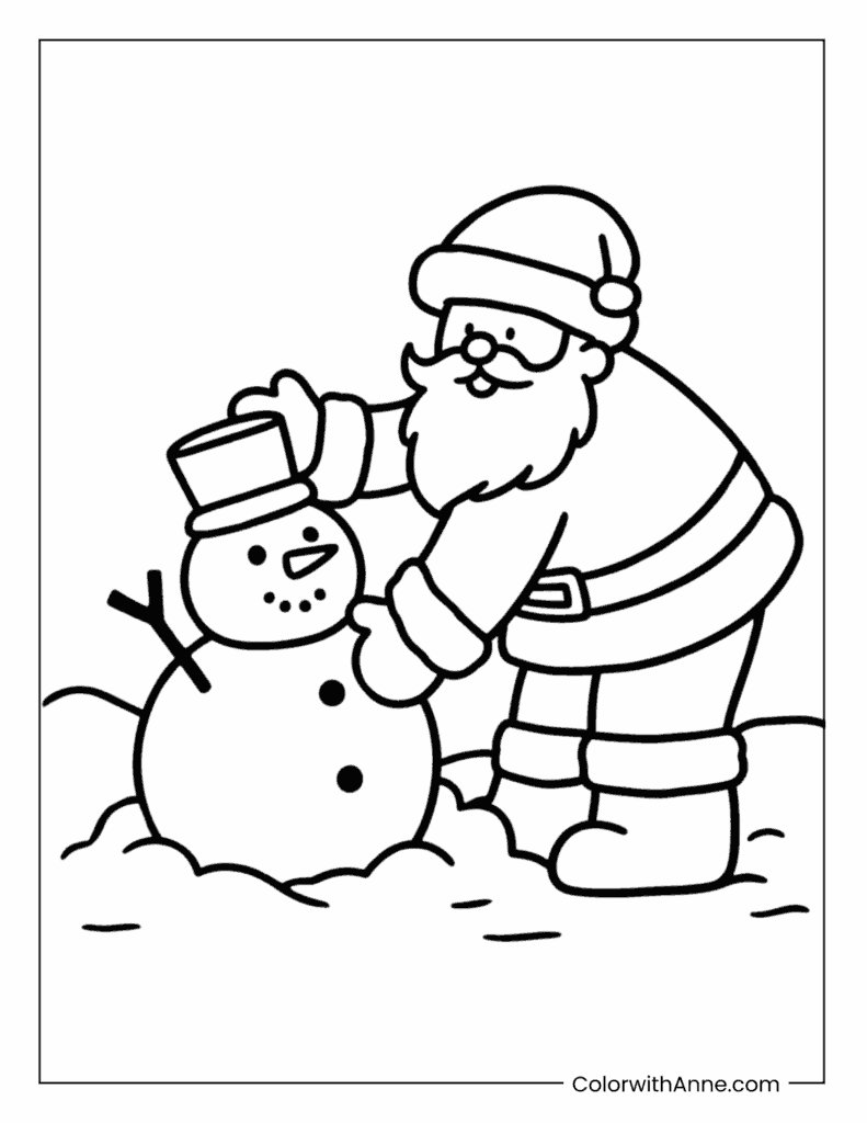 Santa Building a Snowman Coloring Page
