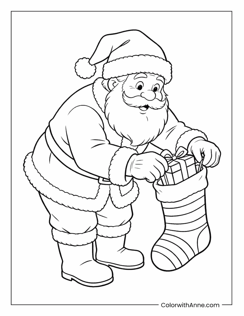 Santa Claus Filling a Stocking with Gifts Coloring Page