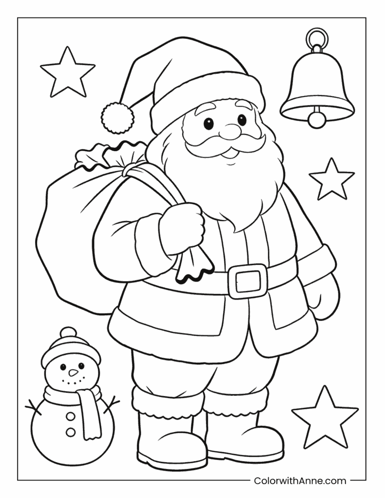 Santa Claus with a Bell and a Snowman Coloring Page