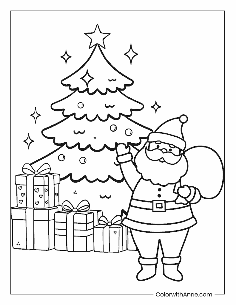 Santa Decorating a Christmas Tree Coloring Page