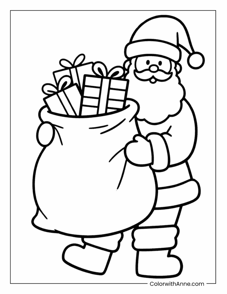 Santa Holding a Sack of Presents Coloring Page for Kids