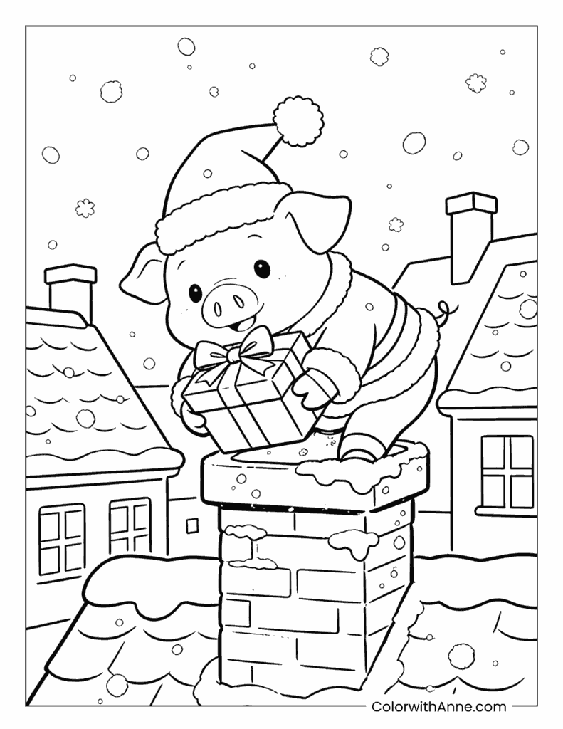 Santa Pig on the Chimney Coloring Page