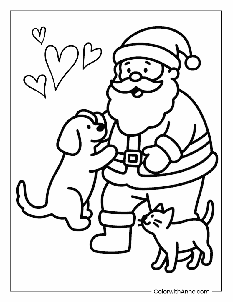 Santa Playing with Puppies and Kittens Coloring Page