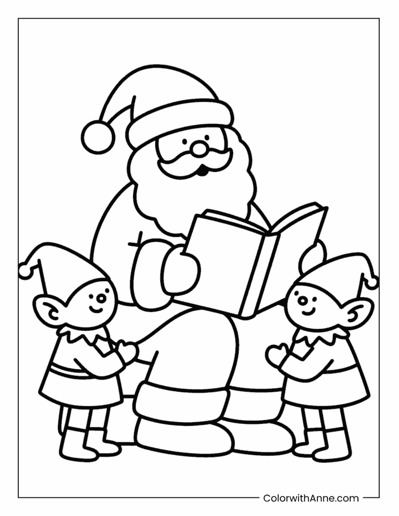 Santa Reading a Bedtime Story to Little Elves Coloring Page