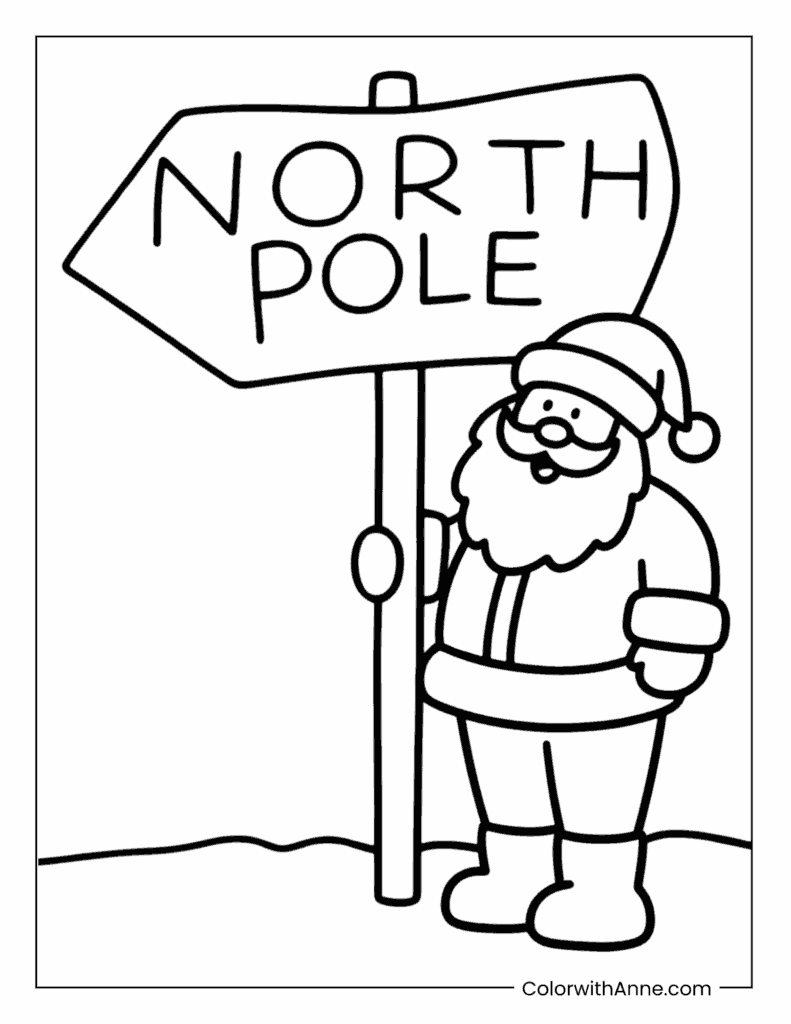 Santa Standing Next to a Big North Pole Sign Coloring Page