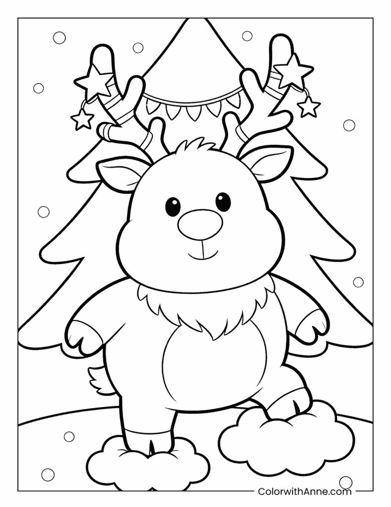 Santa's Happy Reindeer in Winter Scene Coloring Page